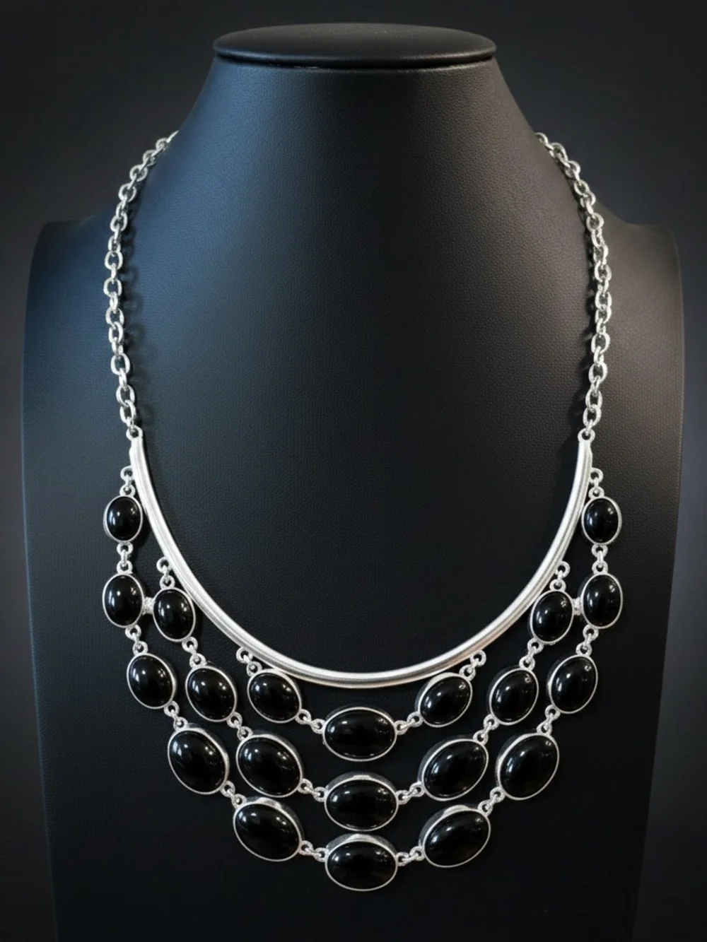 Liz Claiborne Silver Black Pendant Statement Necklace